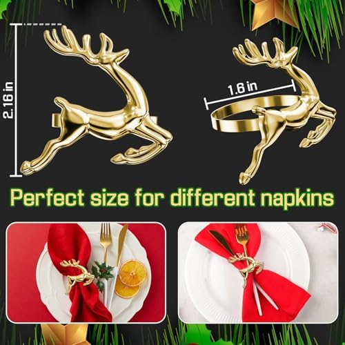 ZeeDix Gold Reindeer Christmas Napkin Rings Set of 6, Napkin Holder Ring for Christmas Dinner Table Decor Cloth Napkins, Wedding Receptions, Holiday Party, Banquet and Home Kitchen