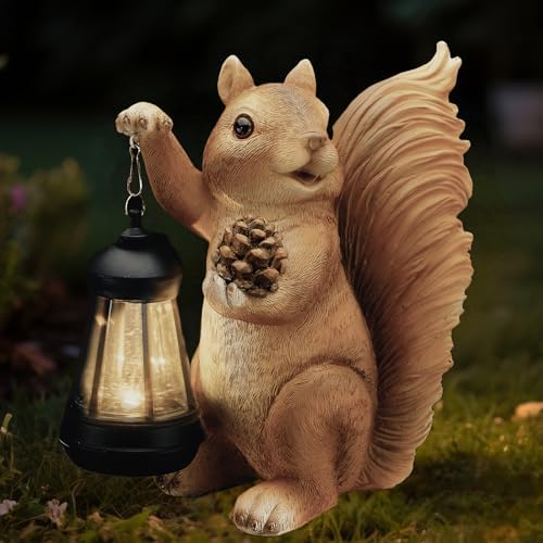 Solar Squirrel Garden Statue Outdoor Decor, Squirrel Sculpture with Lantern for Yard Lawn Patio Balcony, Christmas Birthday Housewarming Gifts for Mom, Grandma, Women, Brown,Resin