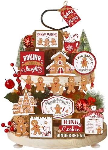 17 Pcs Christmas Tiered Tray Decor Set Winter Tiered Tray Decorations Farmhouse Tabletop Centerpiece Christmas Wooden 3D Sign for Xmas Home Buffalo Plaid Rustic Table Decoration(Gingerbread)