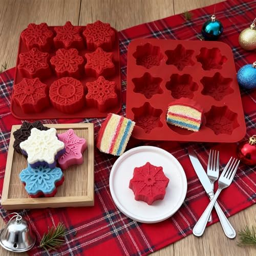 2 PCS Snowflake Silicone Mold, 9 Style Christmas Snowflake Chocolate Candy Molds Holiday Siliocne Baking Molds for Dessert Soap Candles Jello Ice Wax Melt, Xmas Party Baking Cake Decor Mold