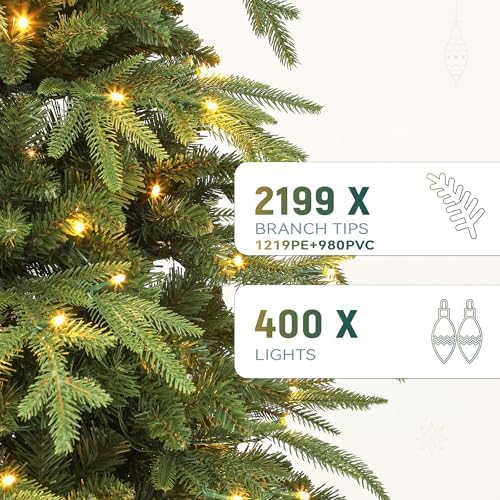YITAHOME 7.5FT Prelit Slim Fraser Grande Christmas Tree with Remote Control, Artificial Hinged Drooping Pencil Prelit Holiday Christmas Tree w/ 2199 Mixed PE & PVC Tips, 400 Lights & 11 Light Modes