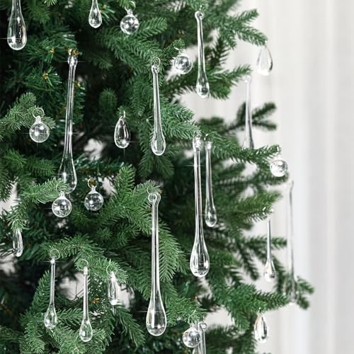 200 Pcs Christmas Tree Ornaments Clear Acrylic Hanging Teardrop Ornaments 5 Styles Christmas Crystal Chandelier Pendant Crystals for Centerpieces Chandelier Wedding Decor (Clear)