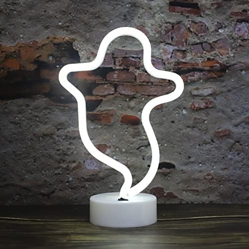 Ghost Neon Lights Halloween Decorations, LED Signs Spooky Shape Neon Signs Night Lights for Gothic, Home, Wall Party Christmas Decor-Ghost with Holder Base(White)