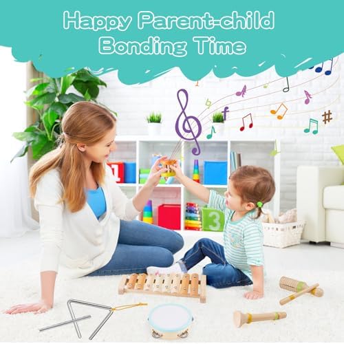 Baby Musical Instruments Set Montessori Wooden Toy for Toddlers 3 Percussion Music Xylophone for Kids Preschool Learning Resource Christmas Birthday Gifts for Boys Girls Aged 3 4 5 (Warm)