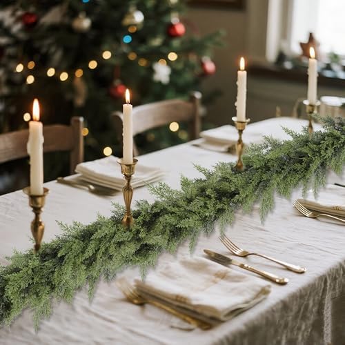 YOFIT 9FT Real Touch Cedar Christmas Garland - Artificial Greenery for Fireplace Mantel, Staircase & Door Decor, Indoor/Outdoor Holiday Christmas Decorations