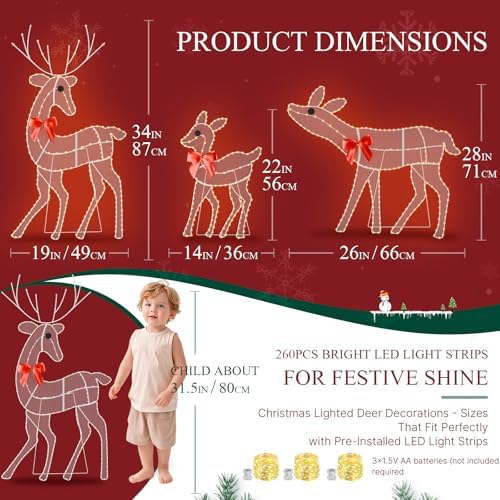 [3-Piece Reindeer Christmas Decorations Outdoor] 2D Lighted Deer Family with 260 LED Light. Durable Yard Lawn Holiday Decor, Outdoor Lighted Holiday Display for Yard Lawn Garden-White