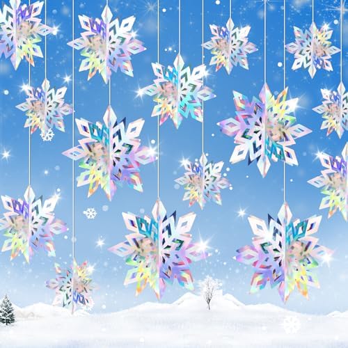 18pcs Hanging Snowflakes Decorations, 3D Iridescent Large Snowflakes Ornaments Hanging Snow Flakes from Ceiling for Christmas Winter Wonderland Indoor Home New Year Frozen Birthday Party Decorations