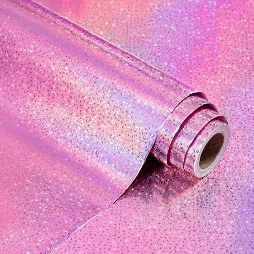 WRAPAHOLIC Pink Wrapping Paper Roll - Mini Roll - 17 Inch x 16.5 Feet - Metallic Holographic Star Wrapping Paper for Birthday, Wedding, Baby Shower, Bridal Shower, Christmas