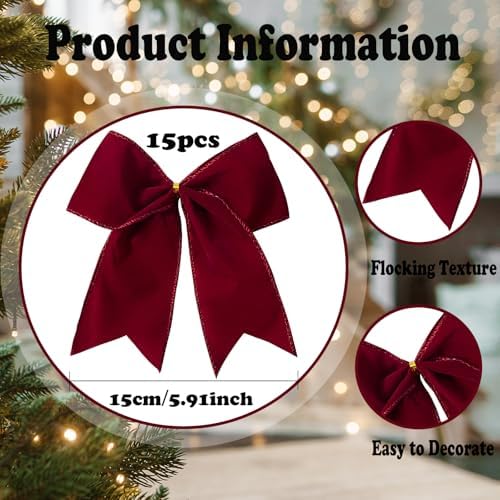 15 Pcs Velvet Bows for Christmas Tree - 6 Inch Vintage Velvet Ribbon Christmas Bows for Gift Wrapping Xmas Tree Topper Bow Ornaments for Garland Wreath Bows Decor (Burgundy)