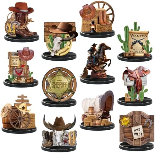 12 Pcs Western Centerpieces Wild West Party Decorations 3.94 Inches Christmas Western Wooden Centerpieces for Tables for Party Decorations Birthday Baby Shower(Brown,Cowboy)
