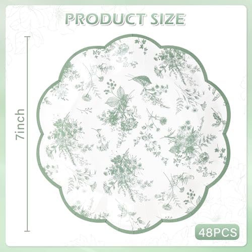 Sage Green Floral Leaf Disposable Paper Plates - Wildflower Green Toile 7" Scalloped Rim Dessert Plates for Christmas, Birthday, Bridal & Tea Parties (48)