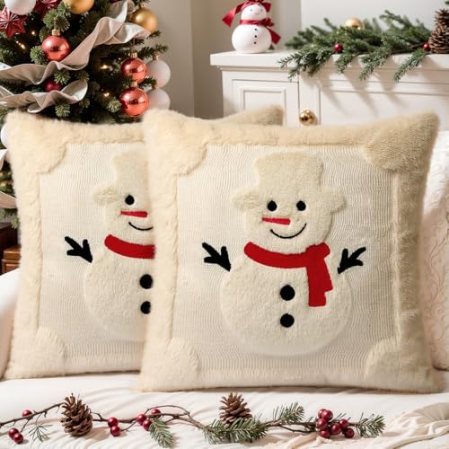 Christmas Pillow Covers 18x18 Set of 2 Decorative Soft Plush Faux Rabbit Fur Christmas Snowman Pillow Covers Beige 3D Embroidered Couch Cover Sofa Bedroom Living Room Holiday Winter Home Decor