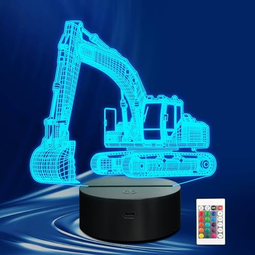 Excavator 3D Night Light, 3D LED Optical Illusion Lamp with Remote Control and Timer, Perfect Christmas and Birthday Gift Idea for Boys, Kids, and Teens