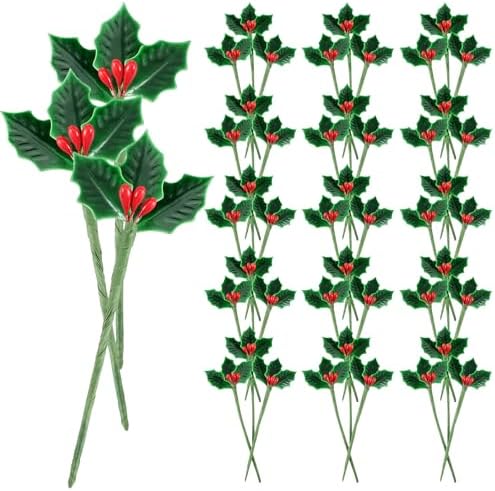 XunYee 48 Pcs Lacquered Holly Picks Artificial Red Holly Berry Stems with Leaves Christmas Holiday Mini Holly Leaves Decorations for Home Christmas Holiday Party Crafts Decoration Gifts
