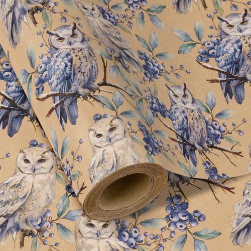 WRAPAHOLIC 30 Inch Jumbo Kraft Christmas Wrapping Paper - 30 Inch x 33 Feet - Owl Wrapping Paper Wild Animal Winterfall Watercolor Design for Christmas, Holiday, Party Celebration