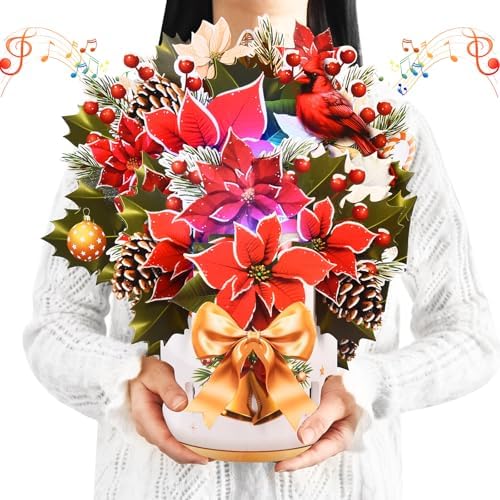 Pop Up Christmas Cards with Lights and Music, 12 inch Paper 3D Poinsettia Bouquet Design, Musical Xmas Flower Popup Greeting Card with Note Card & Envelope for Christmas Holiday Decoration