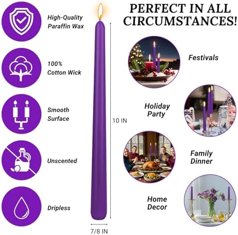 10 Inch Purple Taper Candles, 10 Pack Unscented Candlesticks for Dinner Wedding Christmas Seasonal Celebration and Home Decoration