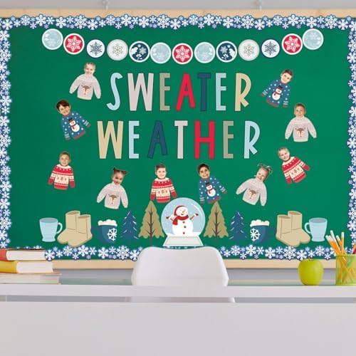 Whaline 85Pcs Winter Bulletin Board Decoration Kit Xmas Tree Snowmen Snowflake Cutouts with Glue Point Christmas Holiday Classroom Bulletin Border Stickers for Home School Office Wall Door Decor