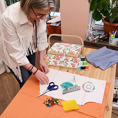 ZOOFOX Sewing Basket with Accessories, Wooden Sewing Kit Storage Box with Removable Tray, Vintage Sewing Kits Carrying Bag for Sewing Mending, Beginner, Professional, Floral Print, Gift for Christmas