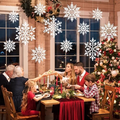 12pcs Large Christmas Hanging Snowflakes Decorations Outdoor - White Big Hanging Snowflake in Different Sizes for Winter Decoration Indoor Outdoor Christmas Tree Holiday Decor