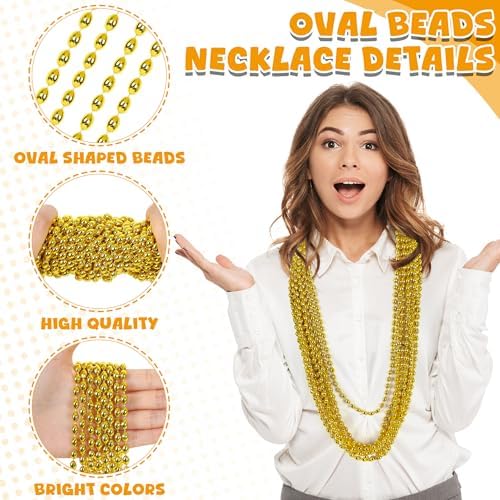 100PCS Mardi Gras Beads, Gold Oval Beaded Necklace Stuff, 32" Mardi Gras Christmas Beaded Necklace Costume Bulk, Festival Parade Throw Accessories for Mardi Gras St Patricks Christmas Celebrations