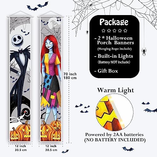 Jack Sally Lighted Banners Porch Signs Halloween Decor Christmas Nightmare Hanging Banner Halloween Decorations Outdoor Horror Poster for Indoor Before Party Wall Art Wallpaper Lights