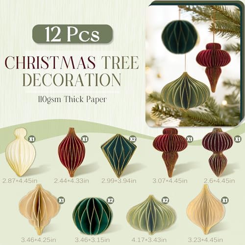 12Pcs Christmas Paper Honeycomb Ornaments for Tree, 3D Glitter Edge Paper Honeycomb Lanterns Foldable Neutral Hanging Decorations for Xmas Tree New Year Holiday Party Home Decor, Red Green Beige