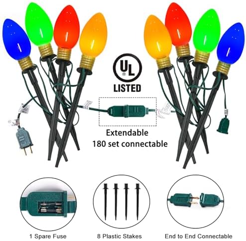 C9 Christmas Pathway Lights Outdoor, 2Pk Total 14Ft Outdoor Christmas Decorations String Light with 8 LED Jumbo C9 Multicolor Light Bulbs Walkway Lights for Lawn Holiday Yard Garden Sidewalk Decor