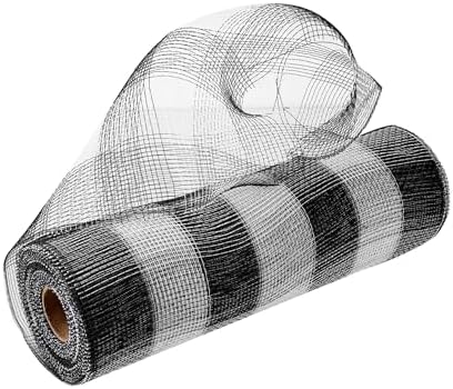 1 Roll Black and White Stripes Deco Mesh Ribbon 10 in x 30 ft, Poly Mesh Rolls for Holiday Decorating DIY Door Wreath Supplies Christmas Tree Halloween Decoration, Flora Crafting & Gift Wrapping