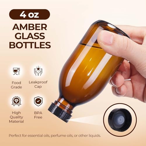 4 oz Boston Glass Bottle with Cap, Empty Glass Bottles for Homemade Vanilla Extract, Essential Oils, Juice, Potion, Syrup, Liquids, Christmas, Holiday Gift (Brown 4 Pack)