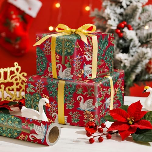 WRAPAHOLIC Vintage Christmas Wrapping Paper Roll - Mini Roll - 17 Inch x 16.5 Feet - Retro Christmas Wrapping Paper with Swan, Trees and Flowers in Middle Ages for Xmas Holiday, Party Celebration