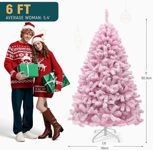 YITAHOME 6 FT Prelit Pink Flocked Christmas Tree, Pre-Lit Pink Spruce Artificial Christmas Tree with 928 PVC Flocked Tips and 250 Warm-White Lights for Home, Office Decoration