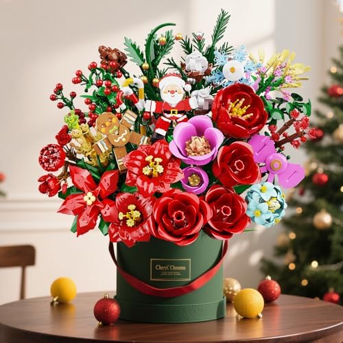 CUBIMANA 25 Pack Christmas Flower Bouquet Building Set with Light - Flowers Botanical Collection Rose Santa Gingerbread Man Artificial Plant Home Decor Party Favor Christmas Gifts for Adults Kids 12+