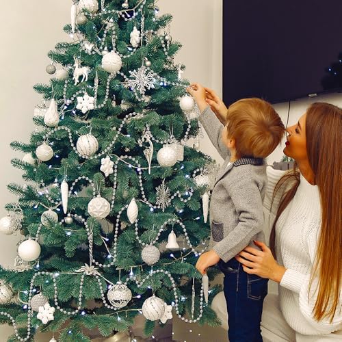 100 Feet Silver Christmas Tree Decor, Christmas Tree Garland Beads, Xmas Beads Chain Decorations Artificial Pearl Garland for DIY Xmas Fireplace Home Party Decor