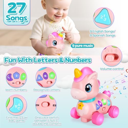 Baby Unicorn Toy 6-12-18 Months with Music & Lights Explore Bilingual Educational For Toddler Sensory Development Learning Walking Moving Crawling Tummy Time Toys Christmas Birthday Gifts for Infants