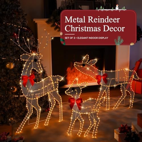 [3-Piece Reindeer Christmas Decorations Outdoor] 2D Lighted Deer Family with 260 LED Light. Durable Yard Lawn Holiday Decor, Outdoor Lighted Holiday Display for Yard Lawn Garden-White