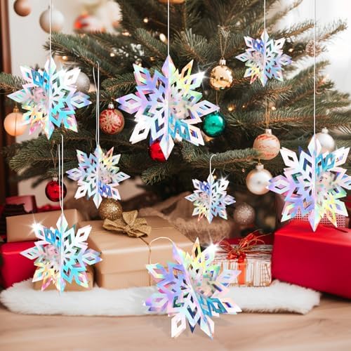 18pcs Hanging Snowflakes Decorations, 3D Iridescent Large Snowflakes Ornaments Hanging Snow Flakes from Ceiling for Christmas Winter Wonderland Indoor Home New Year Frozen Birthday Party Decorations