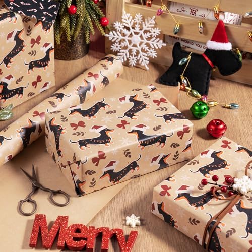 WRAPAHOLIC Kraft Dog Christmas Wrapping Paper - Mini Roll - 17 Inch x 16.5 Feet - Dachshund Dog and Red Bow Wrapping Paper for Christmas, Holiday, Party Celebration