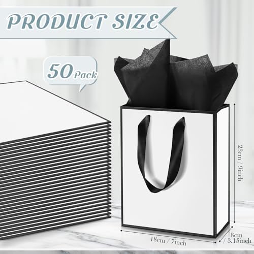 Yeaqee 50 Pack Metallic Gift Bags with Handle and Tissue Paper Gold Foil Thank You Bag for Wedding Christmas 5 Senses Gifts Birthday Holiday Party Hotel, Favors 9x7x3.15''(White Black)