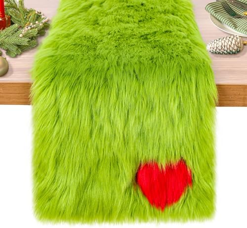1 Pcs Christmas Green Faux Fur Table Runner Whimsical Lime Green Christmas Table Runner 13'' x 72'' Holiday Party Kitchen Fireplace Dining Room Home Decoration