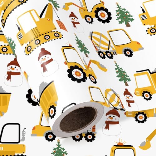 WRAPAHOLIC Cars Christmas Wrapping Paper - Mini Roll - 17 Inch x 16.5 Feet - Yellow Digger Construction Wrapping Paper for Christmas Holiday, Party Celebration