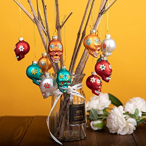 12pcs Day of The Dead Glass Ornaments - Dia De Los Muertos Sugar Skull Ornaments - Halloween Hanging Skeleton Head Ornament for Christmas Tree Hanging Decorations