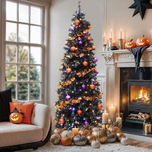 YITAHOME Pre-Lit Black Pencil Halloween Christmas Tree 7.5ft w/Remote, Black Slim Artificial Christmas Tree, Prelit Pencil Christmas Tree w/ 350 LED Lights & 1000 Branch Tips | Holiday Decor