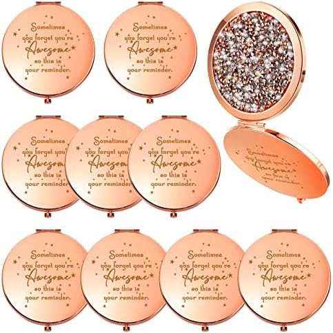 Roowest 10 Pcs Inspirational Compact Mirror You're Awesome Reminder Appreciation Gifts for Women Employee Coworker Friends Sisterhood Bulk Christmas Party Favors Magnifying Pocket Mirror (Rose Gold)