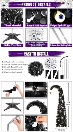 MACTING Whimsical Halloween Tree with Eyeball String Lights 5FT Black Pop Up Christmas Tree with 30 Eyeball Lights Collapsible Tinsel Pencil Curved Tree for Apartment Porch Indoor Outdoor Xmas Decor