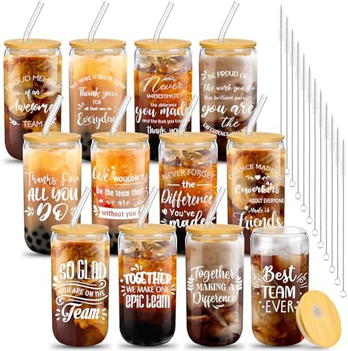 12 Set Employee Appreciation Gifts Christmas Appreciation Cups for Team Thank You Gifts Glass Cups for Staff Coworker 16 oz Can Shaped Beer Glass with Lids Straws Brushes(Mixed Style)