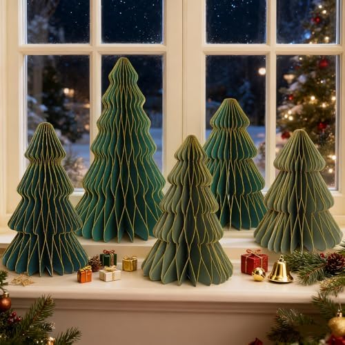 5Pcs Christmas Honeycomb Table Decorations Indoor, Lighted 3D Honeycomb Paper Christmas Trees, Vintage Green Table Centerpieces for Xmas Frozen Winter Holiday Party Home Decor, 8/10/12 Inch