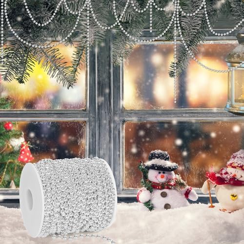 100 Feet Silver Christmas Tree Decor, Christmas Tree Garland Beads, Xmas Beads Chain Decorations Artificial Pearl Garland for DIY Xmas Fireplace Home Party Decor