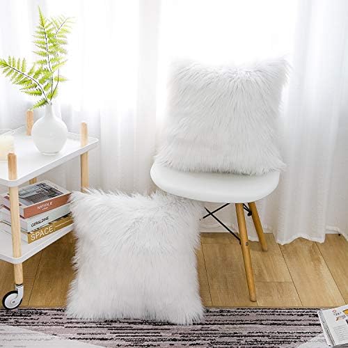 WLNUI Set of 2 White Christmas Decorative Fluffy Pillow Covers New Luxury Series Merino Style Faux Fur Throw Pillow Covers Square Fuzzy Cushion Case for Sofa Bedroom Living Room Home Decor 18x18 Inch