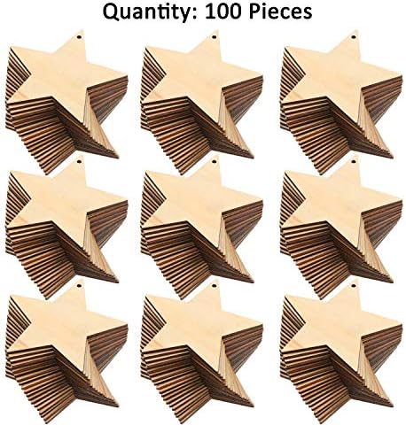 Tatuo 100 Pieces Christmas Wooden Star Ornaments Star Wooden Cutouts for Crafts Hanging Ornaments with Ropes for Embellishments, Wedding, DIY, Craft, Festival
